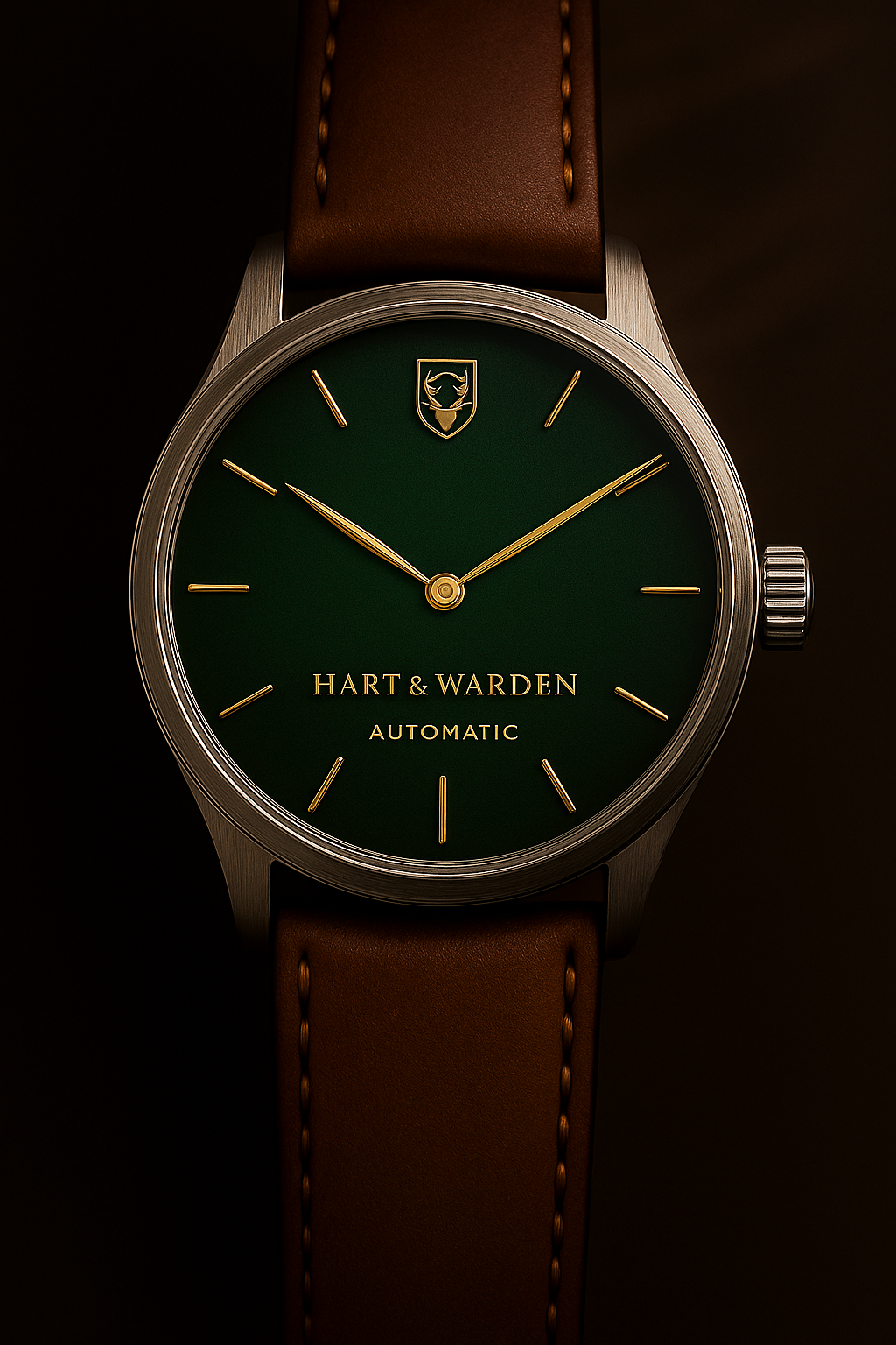 Hart & Warden Vigil 40 forest green automatic dress watch with brown leather strap and gold markers