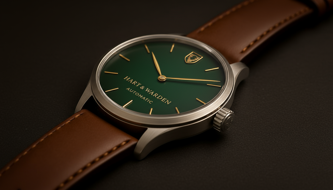 Hart & Warden Vigil 40: 40mm stainless case, forest-green dial, gold markers, brown leather strap